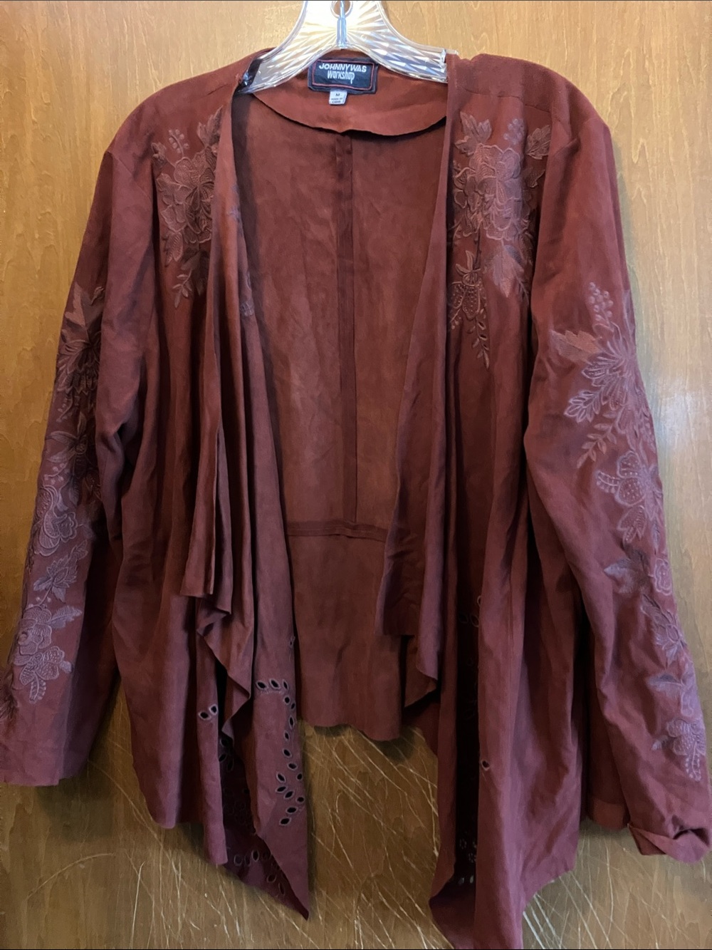 Johnny Was Workshop Brown Suede Embroidered Jacket Wrap Size Medium